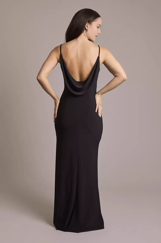 Elegant Sheath V-Neck Sleeveless Side Zip Floor-Length Side Leg Slit Prom Dresses with Cowl Back