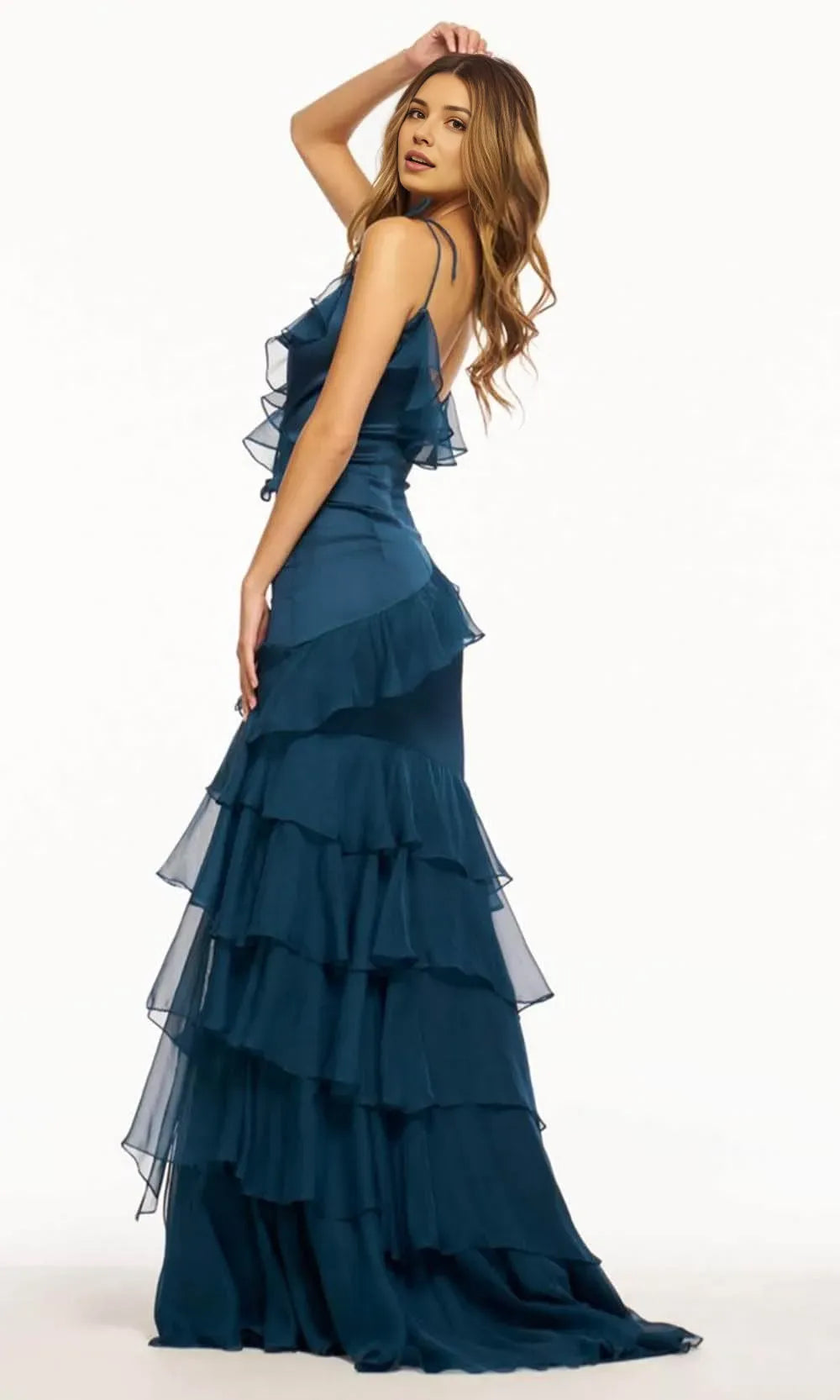 Elegant Sheath V-Neck Spaghetti Straps Back Zip Floor-Length Ruffled Chiffon High-Slit Prom Dresses ﻿