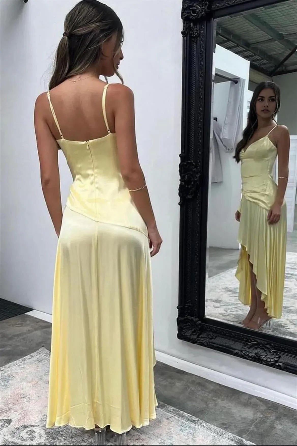 Elegant Sheath Yellow Satin V-Neck Sleeveless Corset bodice Back Zip Irregular Hem Prom Dresses with Slit