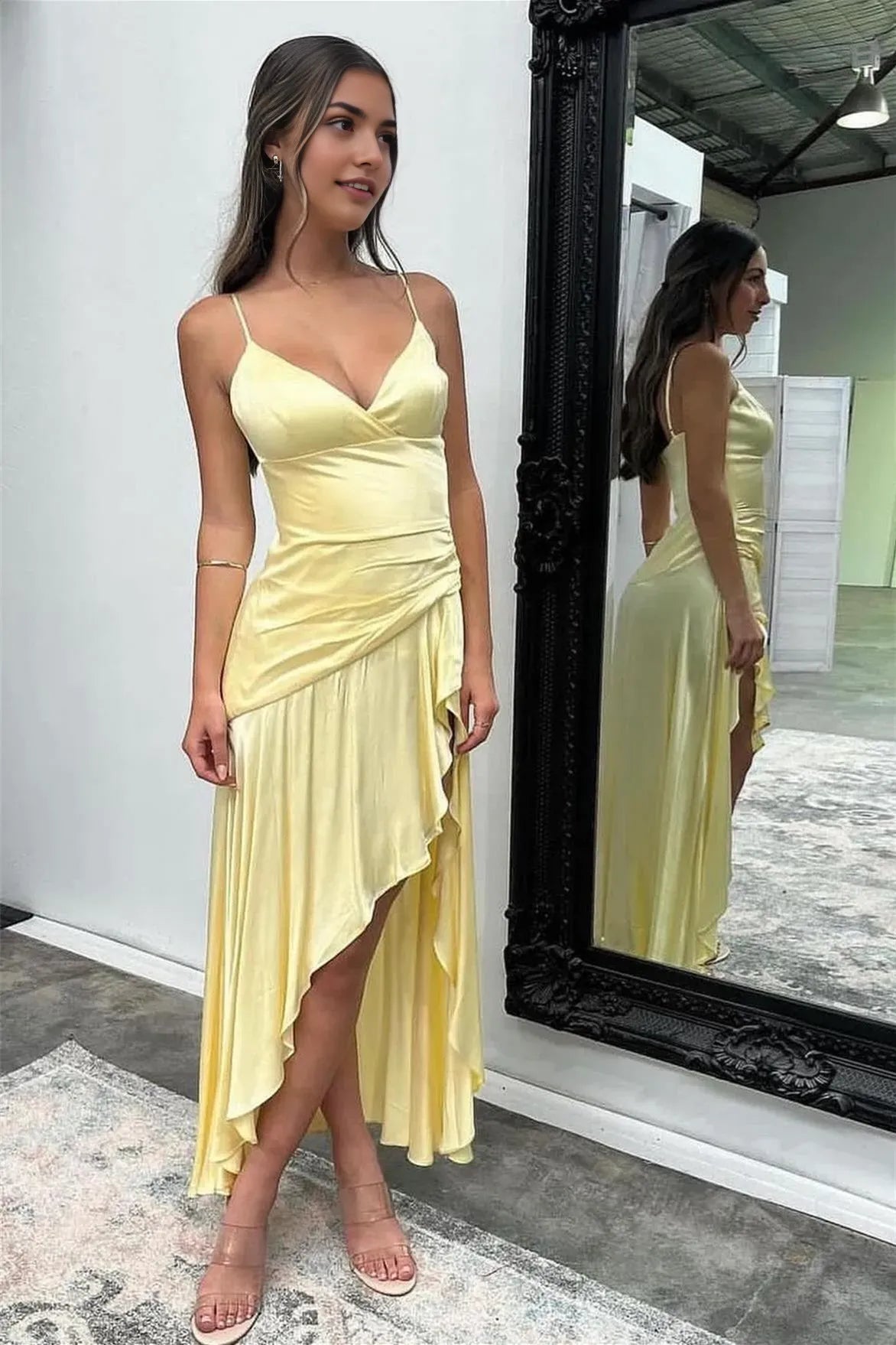 Elegant Sheath Yellow Satin V-Neck Sleeveless Corset bodice Back Zip Irregular Hem Prom Dresses with Slit
