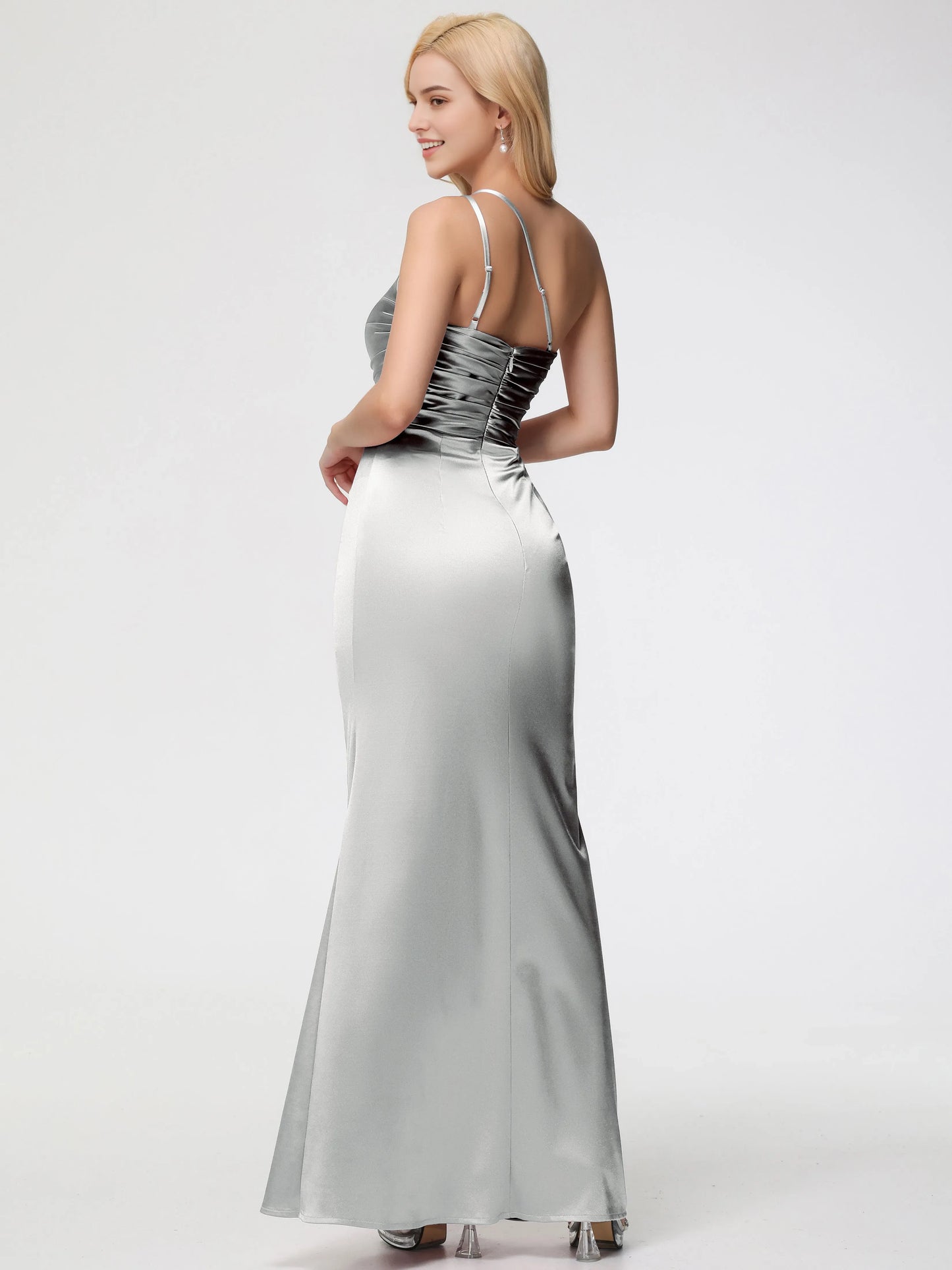 Elegant Silver Satin Prom Dress One Shoulder Trumpet Mermaid Sleeveless Pleats with High Slit