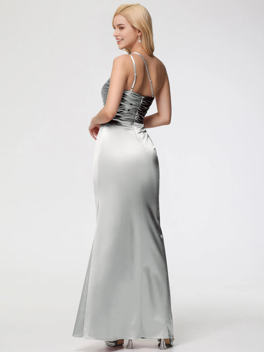 Elegant Silver Satin Prom Dress One Shoulder Trumpet Mermaid Sleeveless Pleats with High Slit