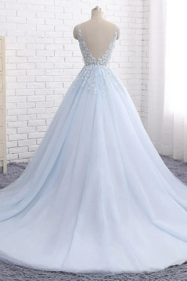 Elegant Sky Blue A-Line Deep-V Neck Sleeveless Appliques Backless Floor-Length Prom Dresses