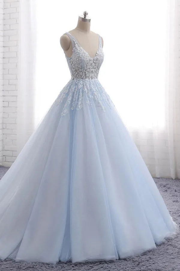 Elegant Sky Blue A-Line Deep-V Neck Sleeveless Appliques Backless Floor-Length Prom Dresses