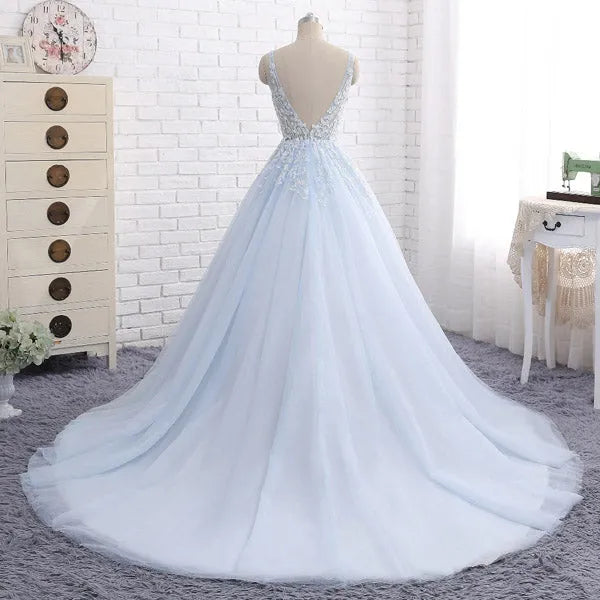 Elegant Sky Blue A-Line Deep-V Neck Sleeveless Appliques Backless Floor-Length Prom Dresses