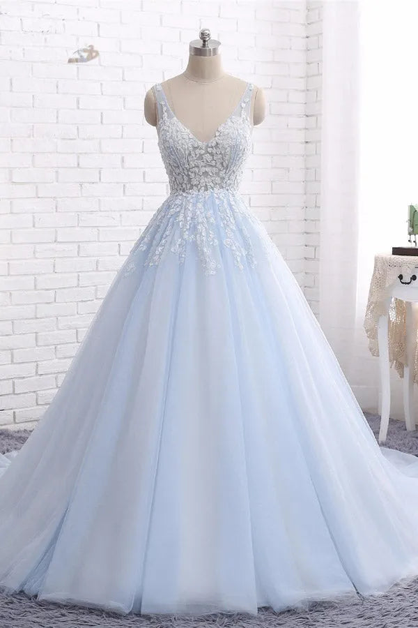 Elegant Sky Blue A-Line Deep-V Neck Sleeveless Appliques Backless Floor-Length Prom Dresses