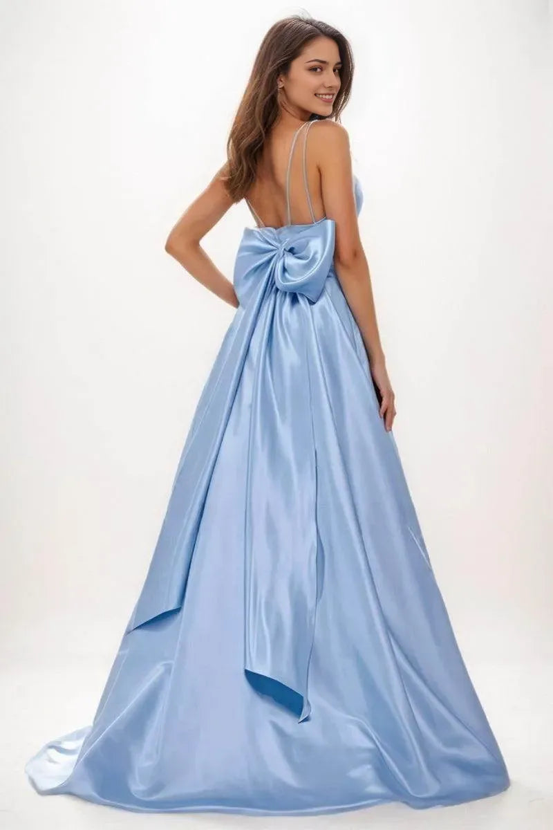 Elegant Sky Blue A-Line V-Neck Spaghetti-Strap Floor-Length Satin Prom Dresses With Bow