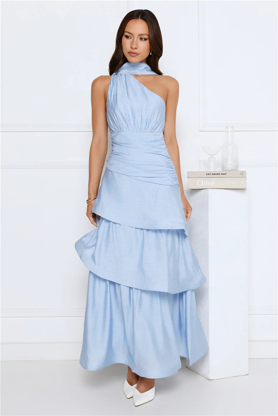 Elegant Sky Blue Halter Neck Maxi Dress with Asymmetric Neck Wrap, Ruched Waist Detail, Tiered Ruffle Skirt and Open Back Sash