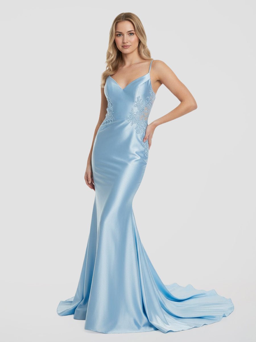 Elegant Sky Blue Satin Mermaid Gown with Lace Appliqué Open Back, Beaded Side Panels, Sweep Train and Adjustable Spaghetti Straps