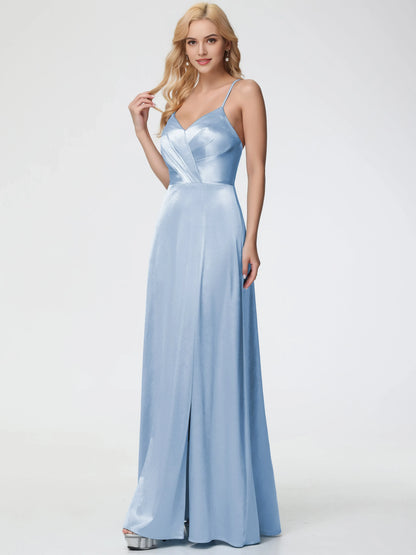 Elegant Sky Blue Satin Prom Dress Spaghetti Straps V-Neck Pleated Wrap Front Bodice and High Side Slit