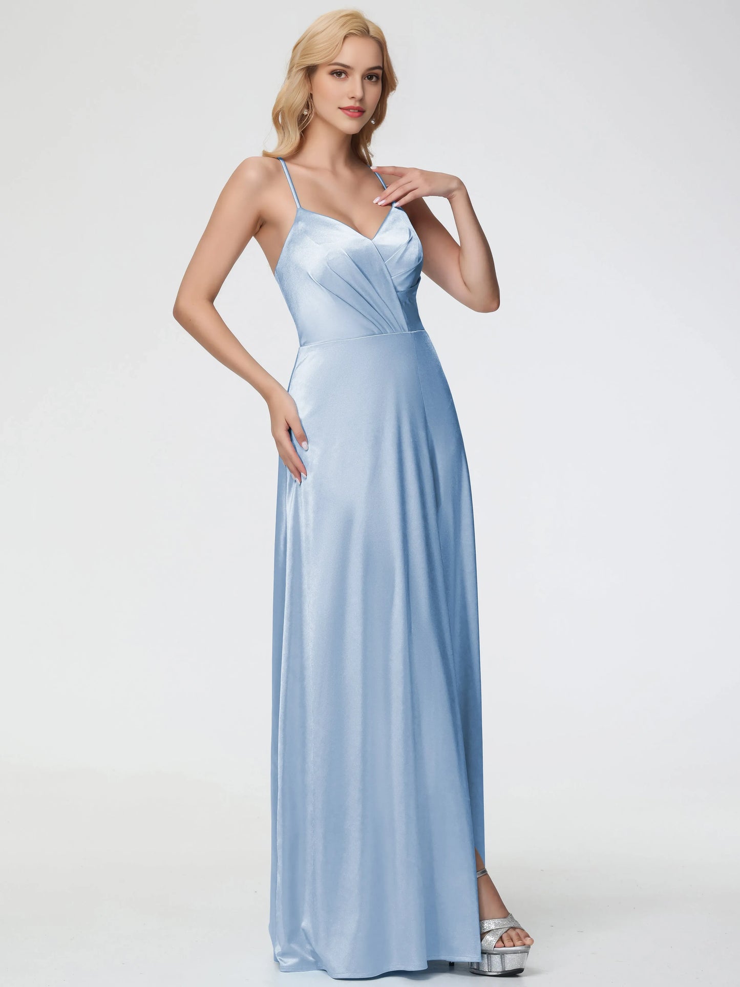 Elegant Sky Blue Satin Prom Dress Spaghetti Straps V-Neck Pleated Wrap Front Bodice and High Side Slit
