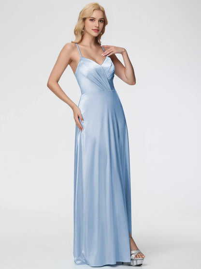 Elegant Sky Blue Satin Prom Dress Spaghetti Straps V-Neck Pleated Wrap Front Bodice and High Side Slit