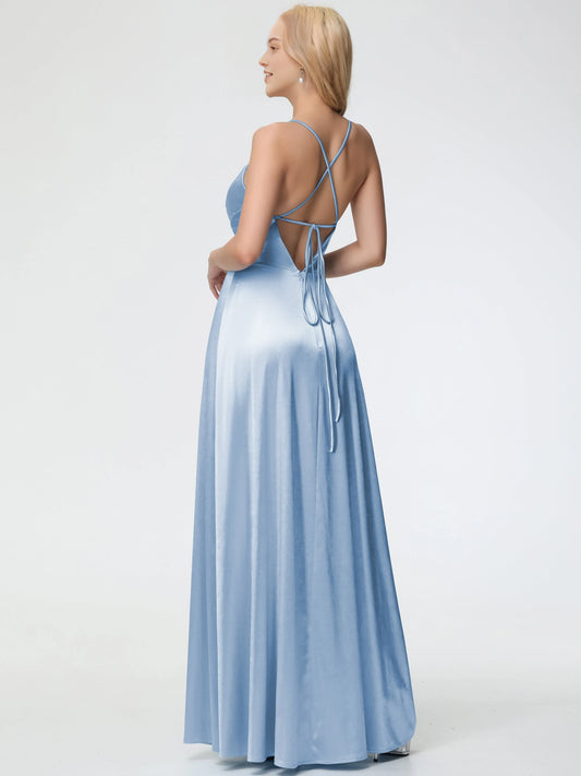 Elegant Sky Blue Satin Prom Dress Spaghetti Straps V-Neck Pleated Wrap Front Bodice and High Side Slit