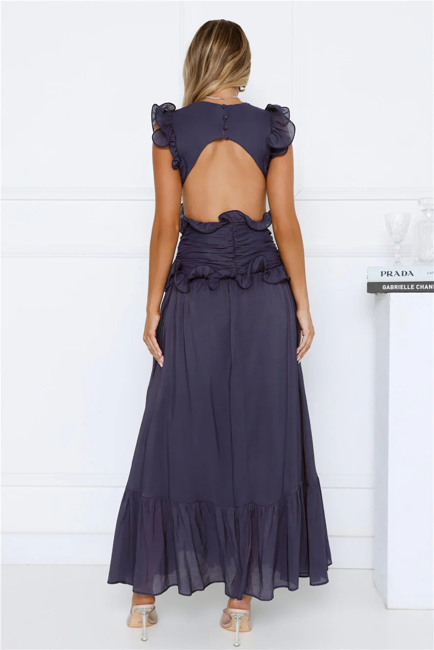 Elegant Slate Blue Ruffled Maxi Dress with Deep V-Neck, Ruched Waist Detail, Cutout Open Back and Tiered Ruffle Hem