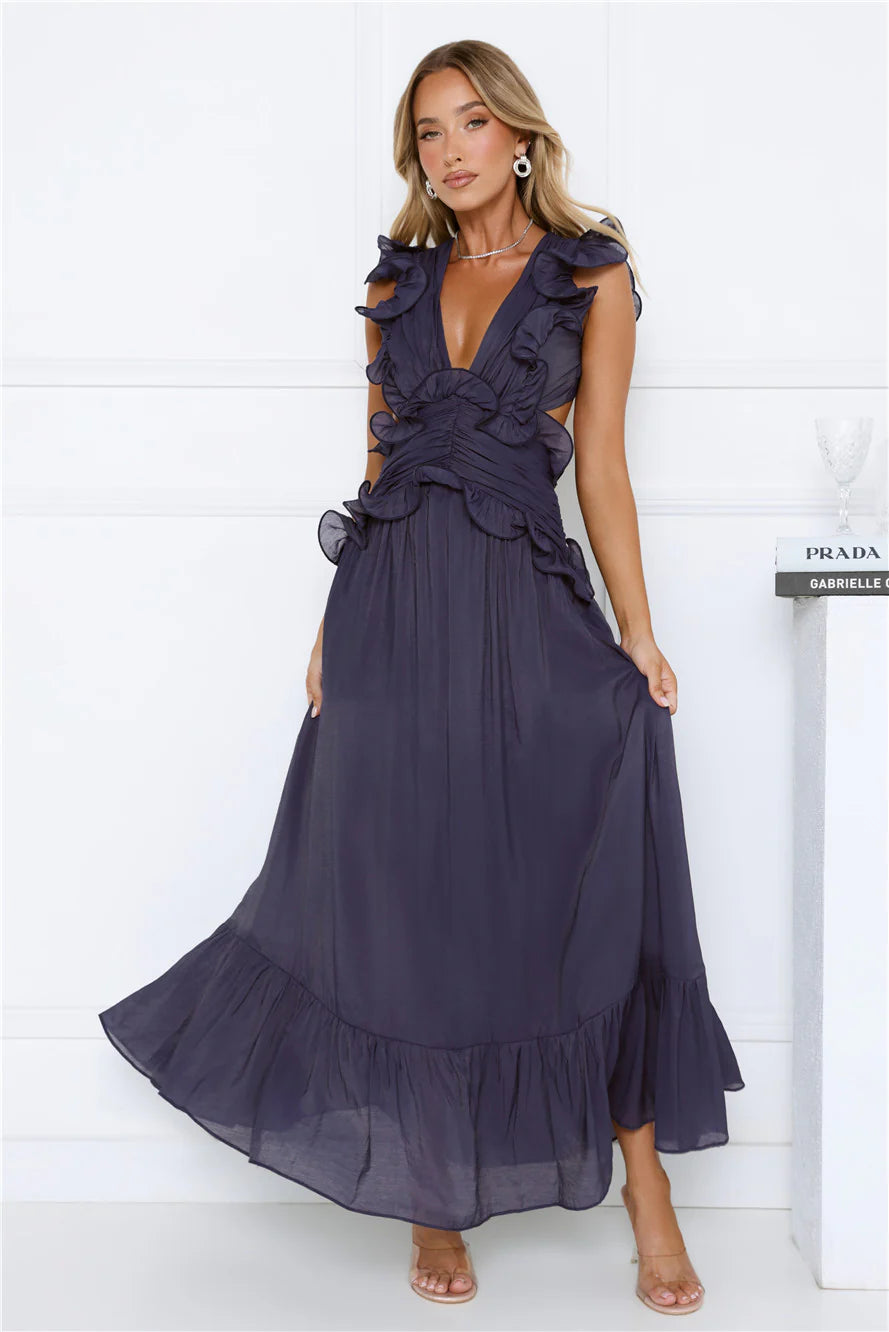 Elegant Slate Blue Ruffled Maxi Dress with Deep V-Neck, Ruched Waist Detail, Cutout Open Back and Tiered Ruffle Hem