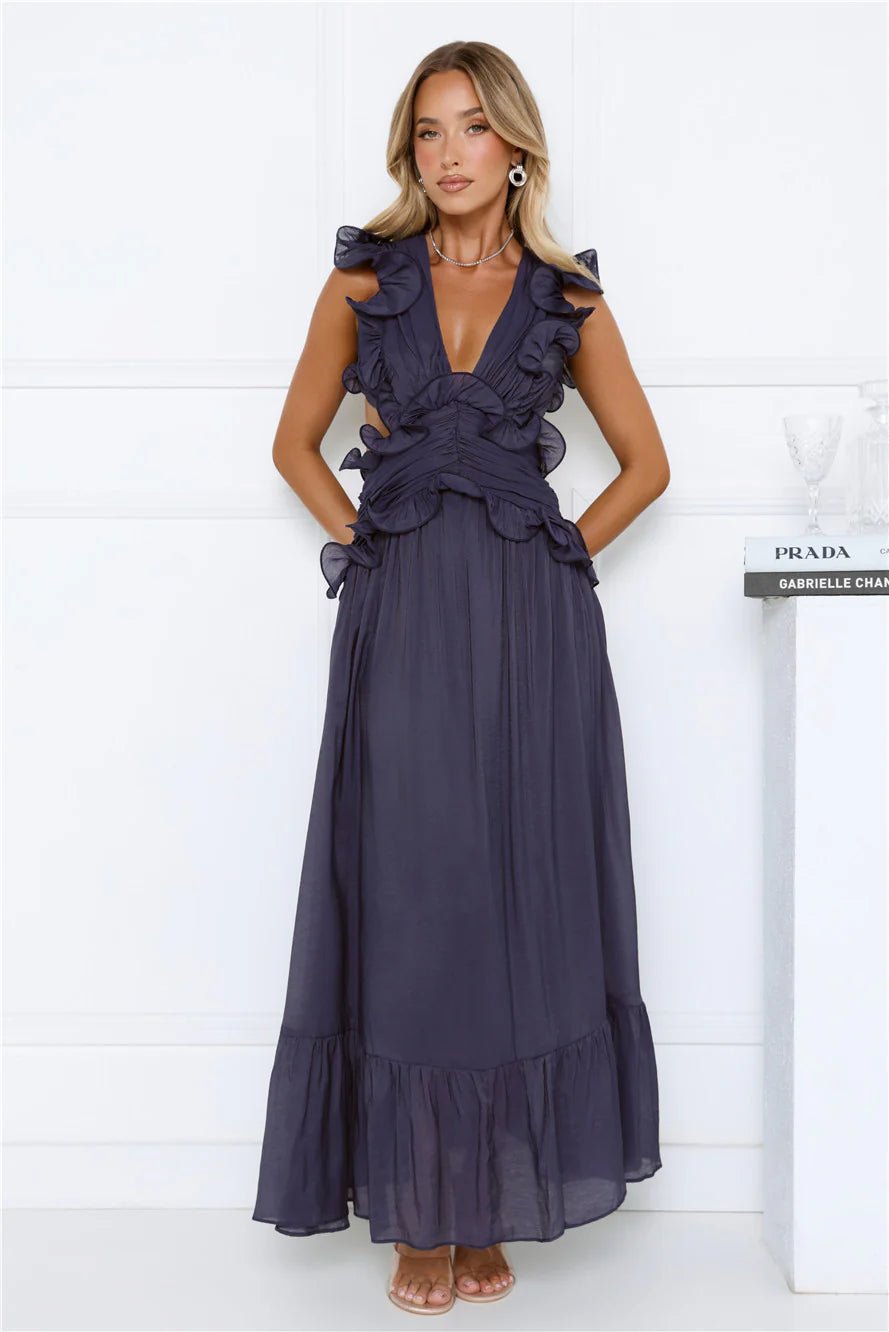 Elegant Slate Blue Ruffled Maxi Dress with Deep V-Neck, Ruched Waist Detail, Cutout Open Back and Tiered Ruffle Hem