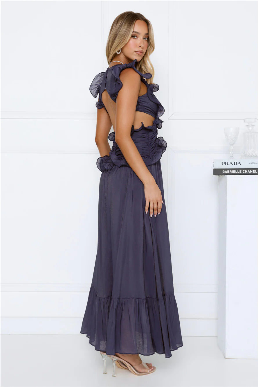 Elegant Slate Blue Ruffled Maxi Dress with Deep V-Neck, Ruched Waist Detail, Cutout Open Back and Tiered Ruffle Hem