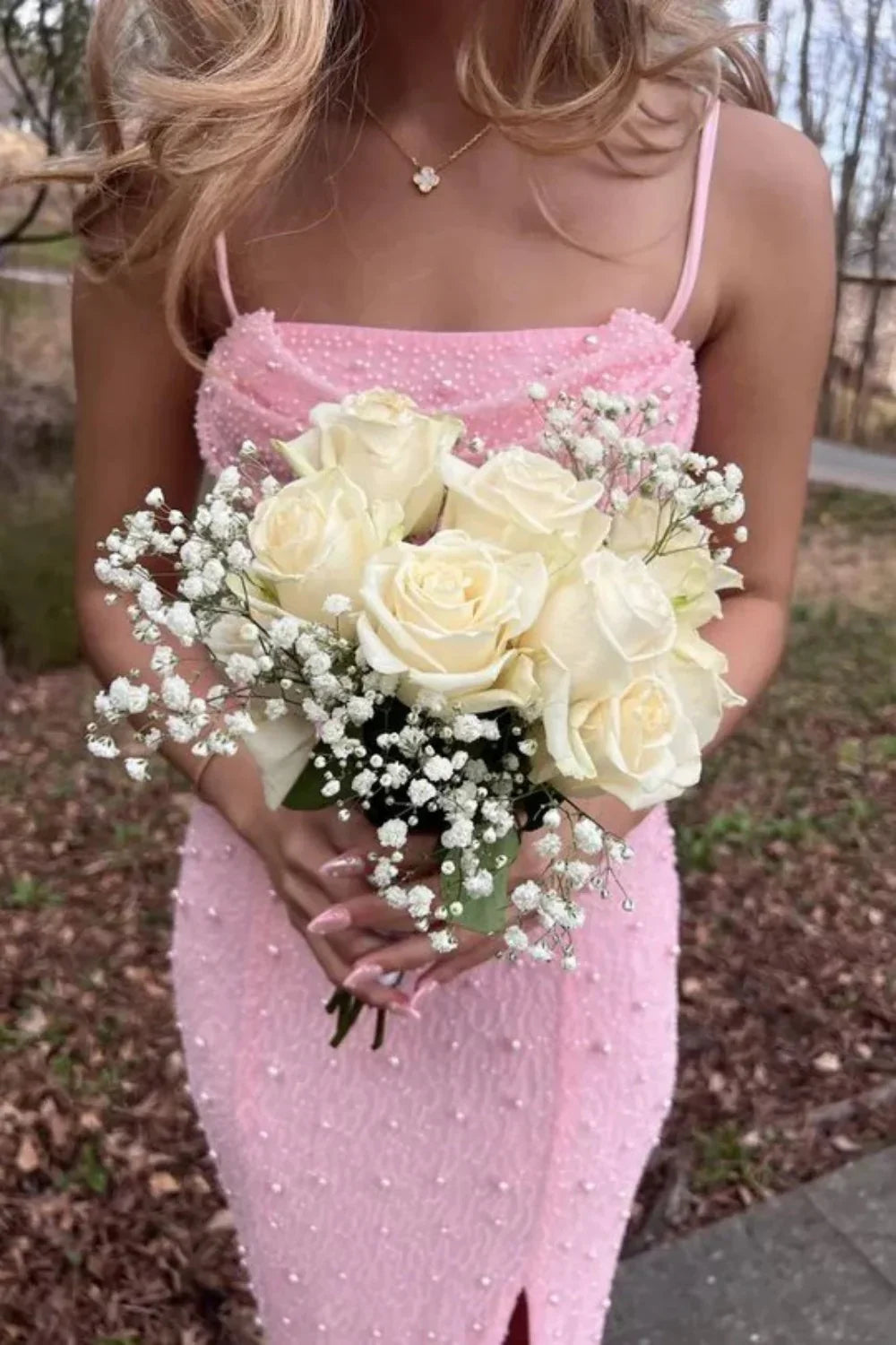Elegant Spaghetti Strap Cowl Neck Beaded High Slit Maxi Prom Dress