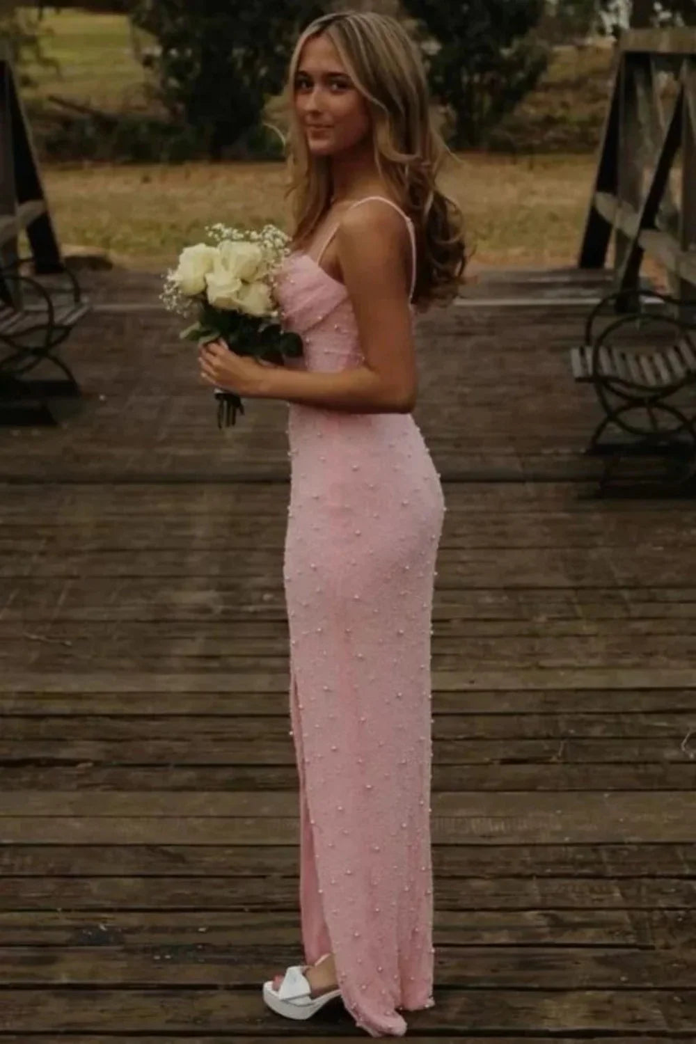 Elegant Spaghetti Strap Cowl Neck Beaded High Slit Maxi Prom Dress