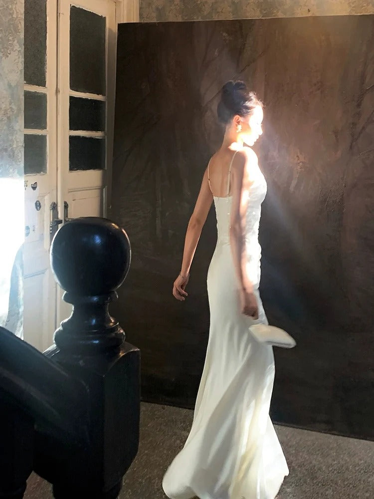 Elegant Spaghetti Strap Square Neck Sequin Embellished Draped Satin Mermaid Maxi Prom Dress