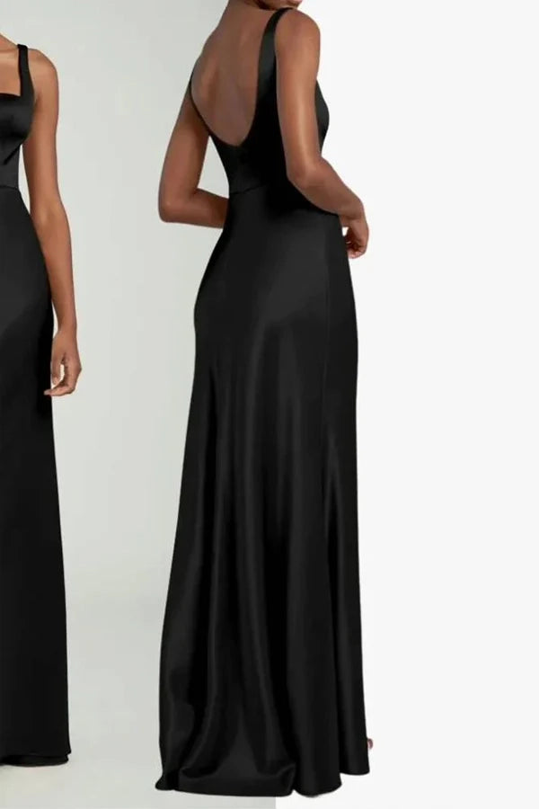 Elegant Square Neck Long Black Bridesmaid Dress