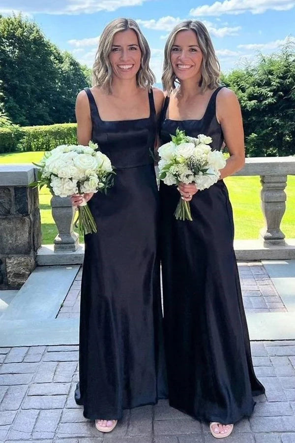 Elegant Square Neck Long Black Bridesmaid Dress