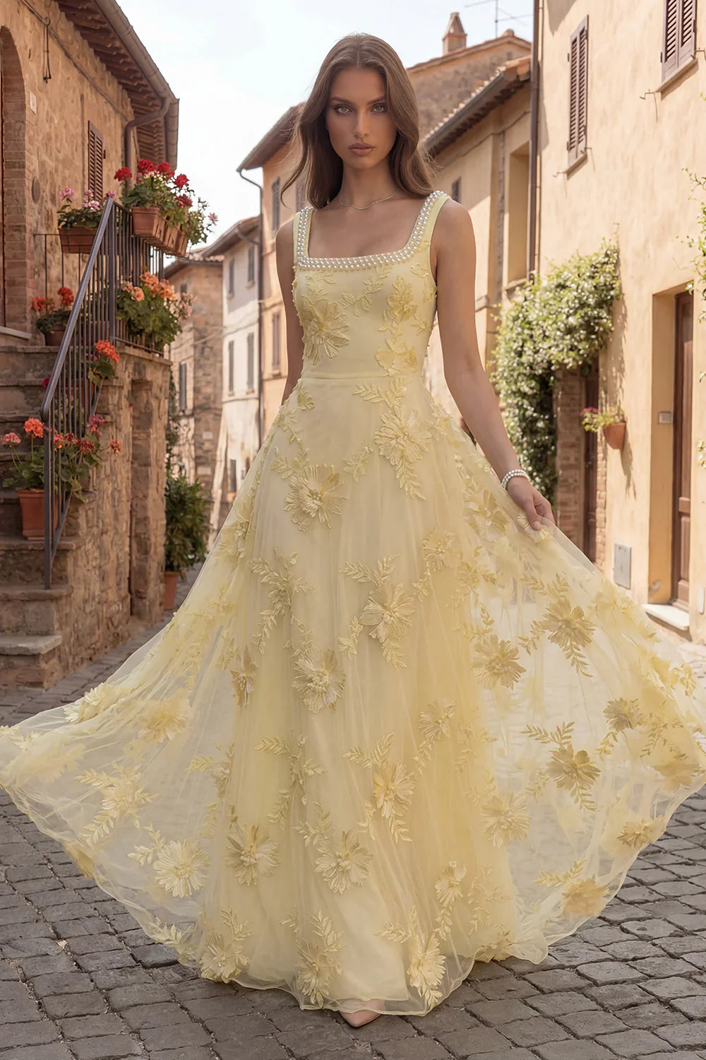 Elegant Square Neck Pearl Trim 3D Floral Applique Backless A-Line Tulle Maxi Prom Dress