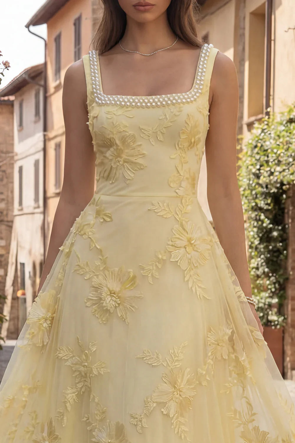 Elegant Square Neck Pearl Trim 3D Floral Applique Backless A-Line Tulle Maxi Prom Dress