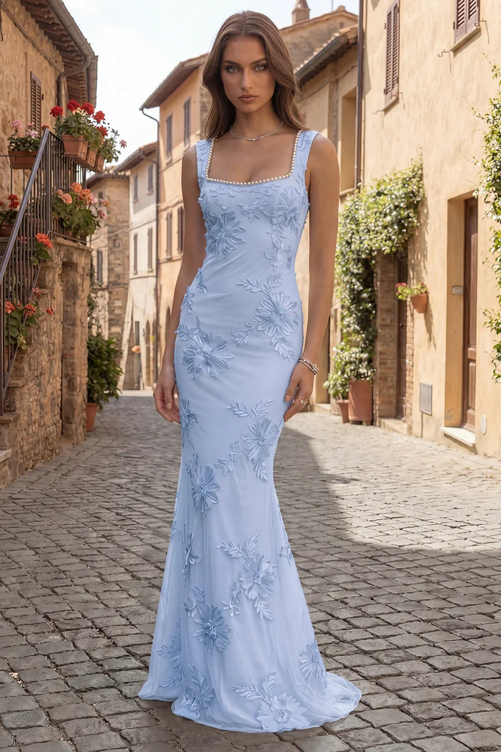 Elegant Square Neck Pearl Trim 3D Floral Applique Backless Mermaid Maxi Prom Dress