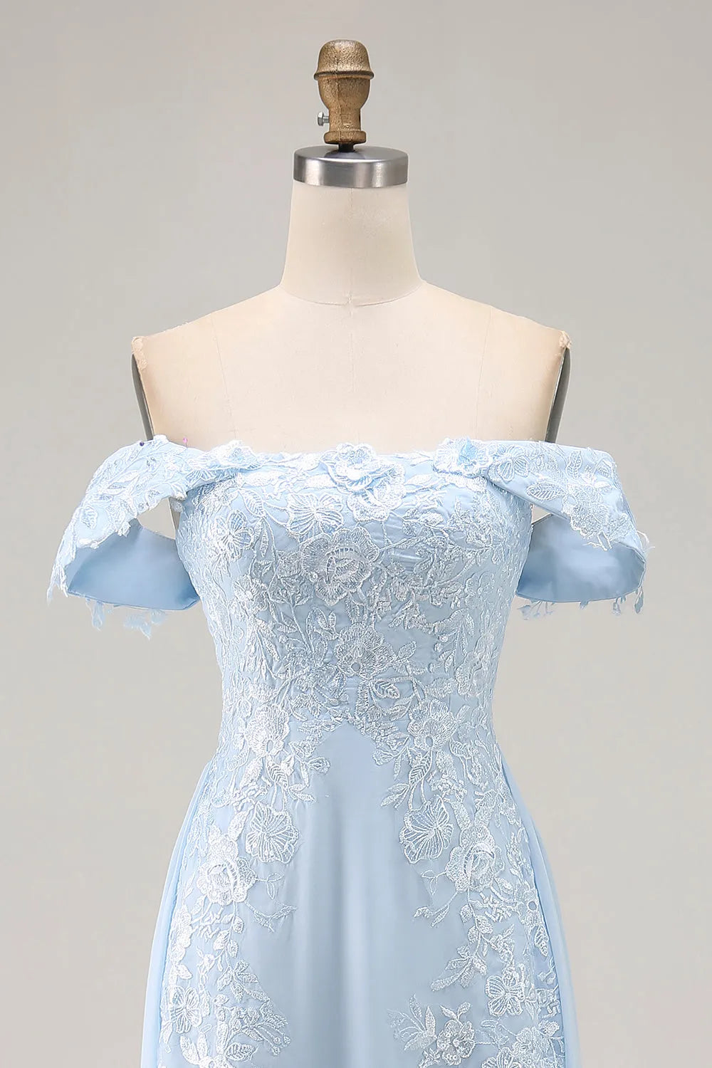 Elegant Style Chiffon Sky Blue A - Line Off - Shoulder Sleeveless Lace Appliqued Floor - Length Prom Dresses