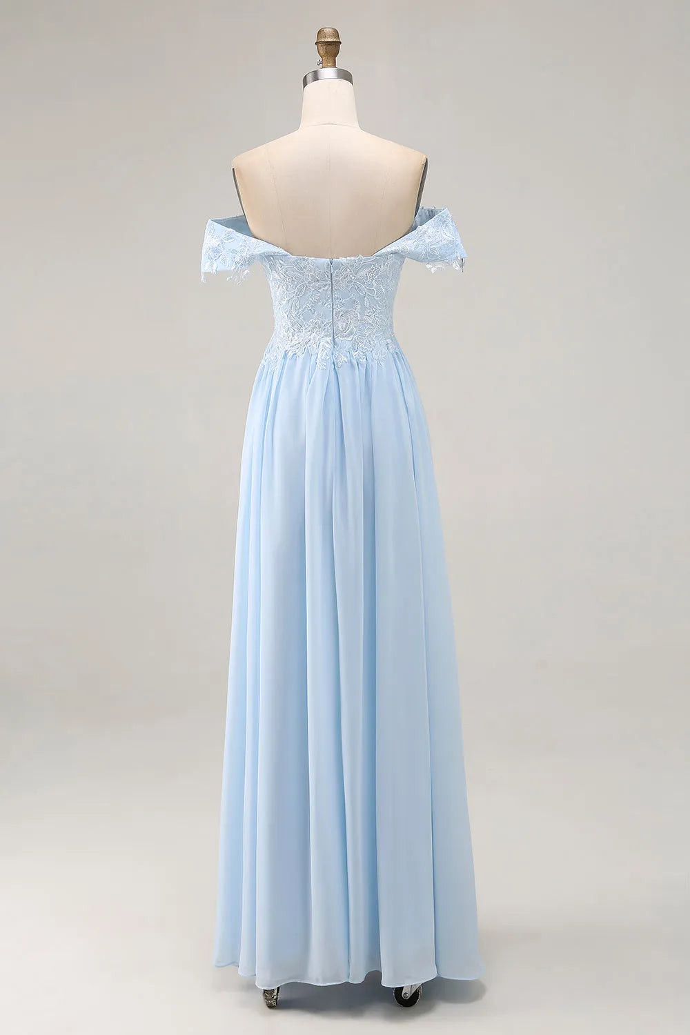 Elegant Style Chiffon Sky Blue A - Line Off - Shoulder Sleeveless Lace Appliqued Floor - Length Prom Dresses