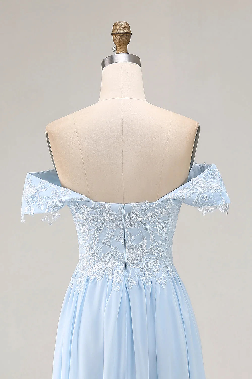 Elegant Style Chiffon Sky Blue A - Line Off - Shoulder Sleeveless Lace Appliqued Floor - Length Prom Dresses