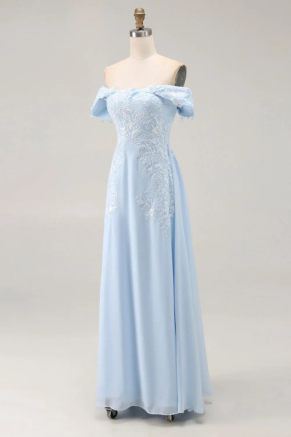 Elegant Style Chiffon Sky Blue A - Line Off - Shoulder Sleeveless Lace Appliqued Floor - Length Prom Dresses