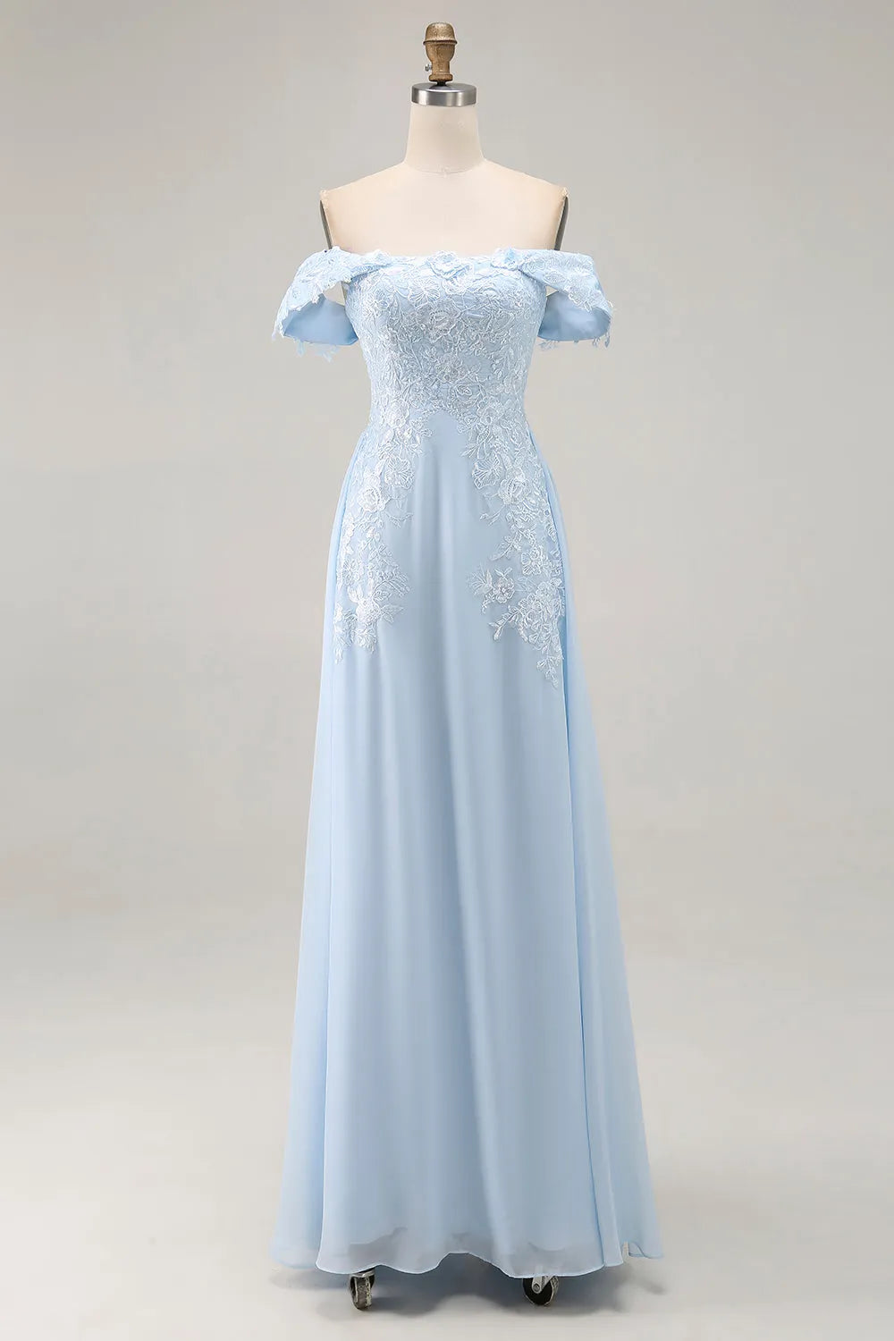 Elegant Style Chiffon Sky Blue A - Line Off - Shoulder Sleeveless Lace Appliqued Floor - Length Prom Dresses