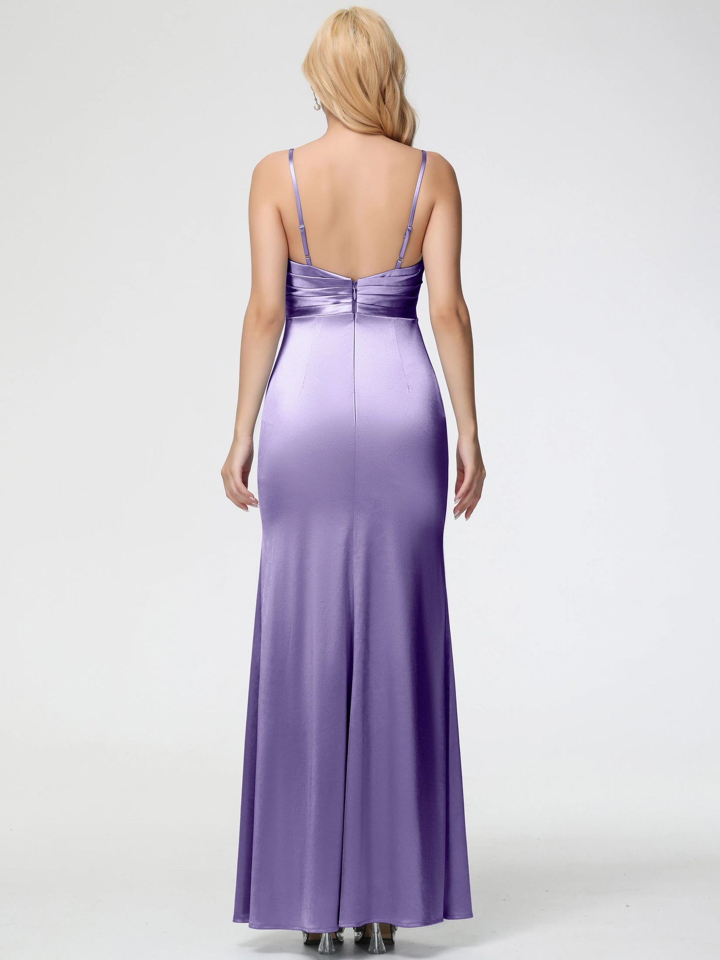 Elegant Tahiti Satin Prom Dresses V-Neck Sleeveless Spaghetti Straps Trumpet Mermaid Split High Side Slit