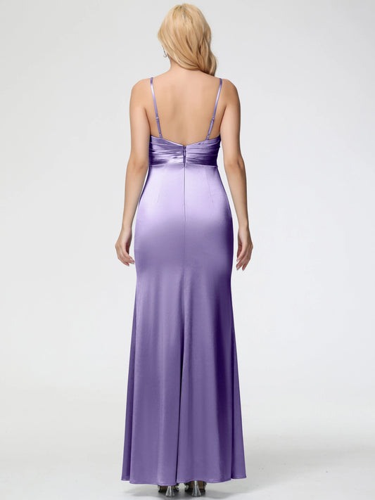 Elegant Tahiti Satin Prom Dresses V-Neck Sleeveless Spaghetti Straps Trumpet Mermaid Split High Side Slit