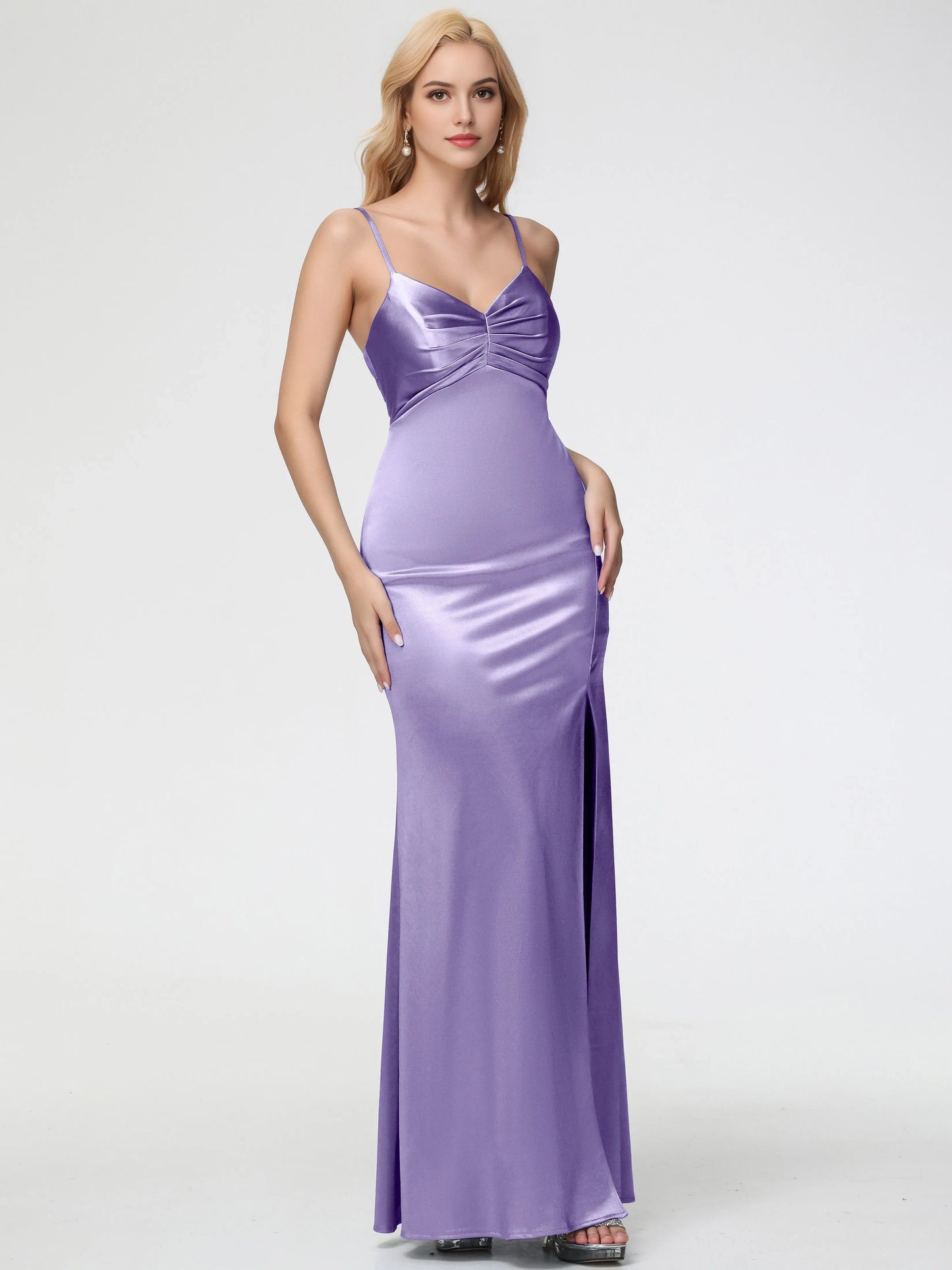 Elegant Tahiti Satin Prom Dresses V-Neck Sleeveless Spaghetti Straps Trumpet Mermaid Split High Side Slit