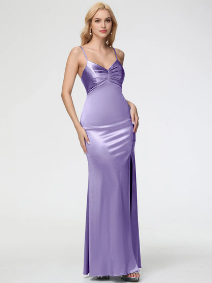 Elegant Tahiti Satin Prom Dresses V-Neck Sleeveless Spaghetti Straps Trumpet Mermaid Split High Side Slit
