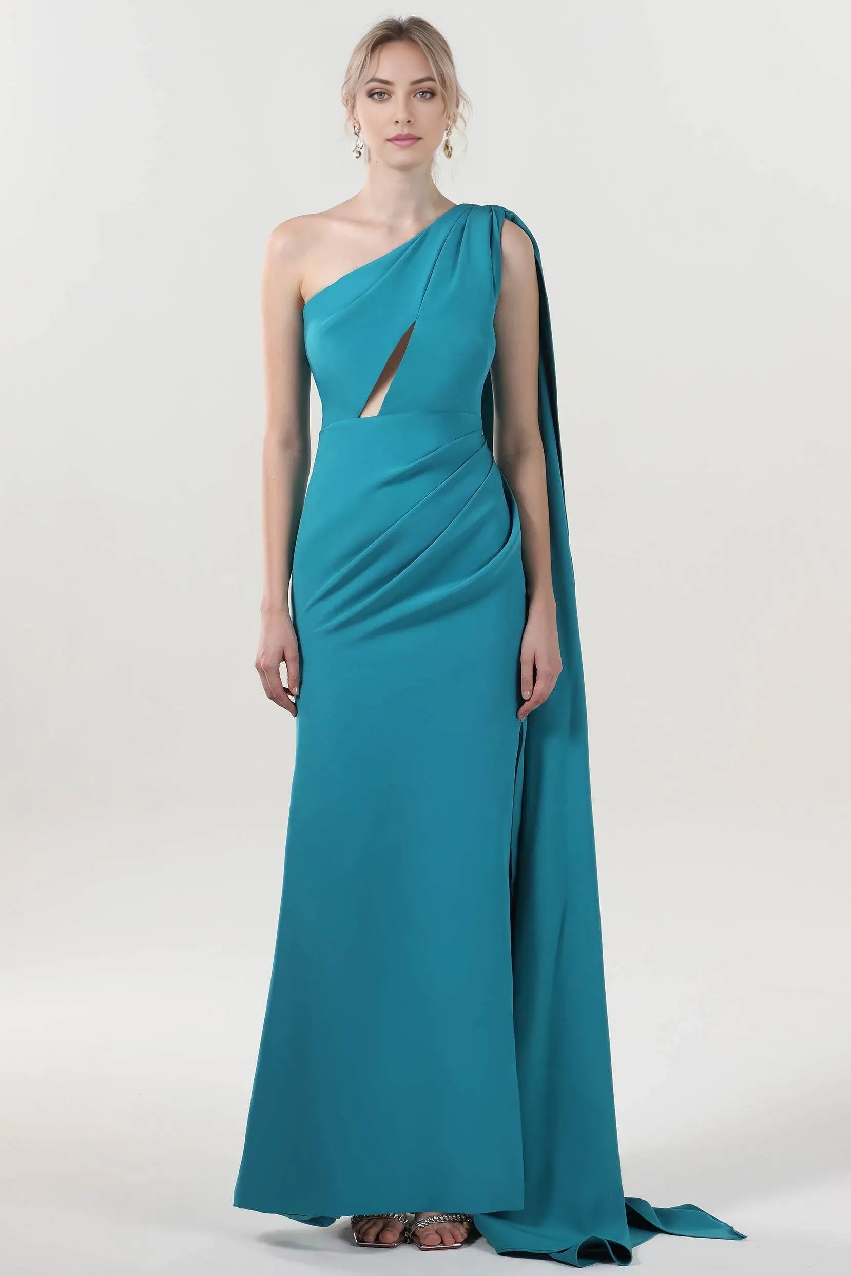 Elegant Teal Sheath One-Shoulder Sleeveless Back Zip Floor-Length Satin Slit Prom Dress with Draped Cape
