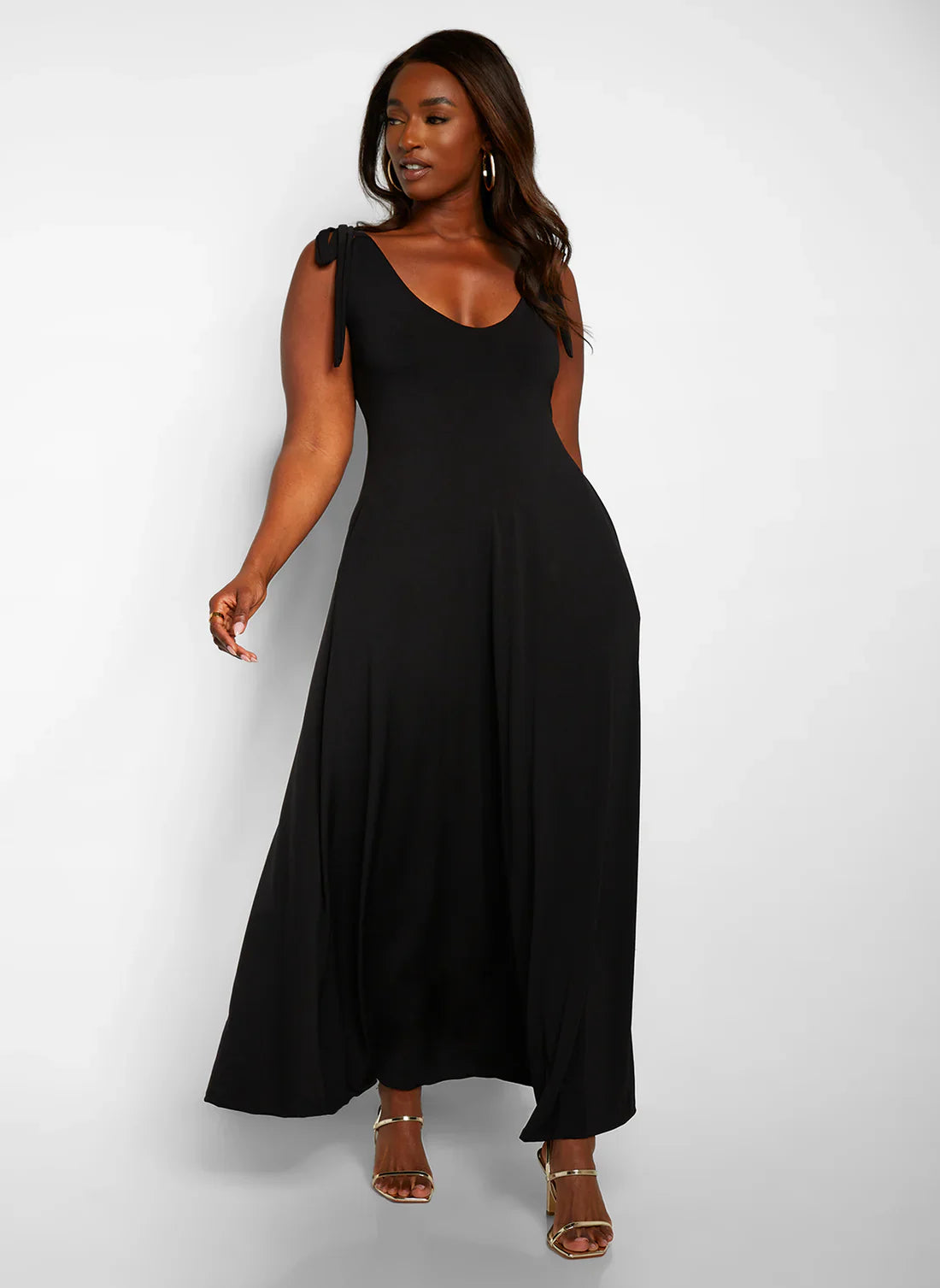 Elegant Tie Shoulder Deep V Neck Flowy Jersey Maxi Evening Dress