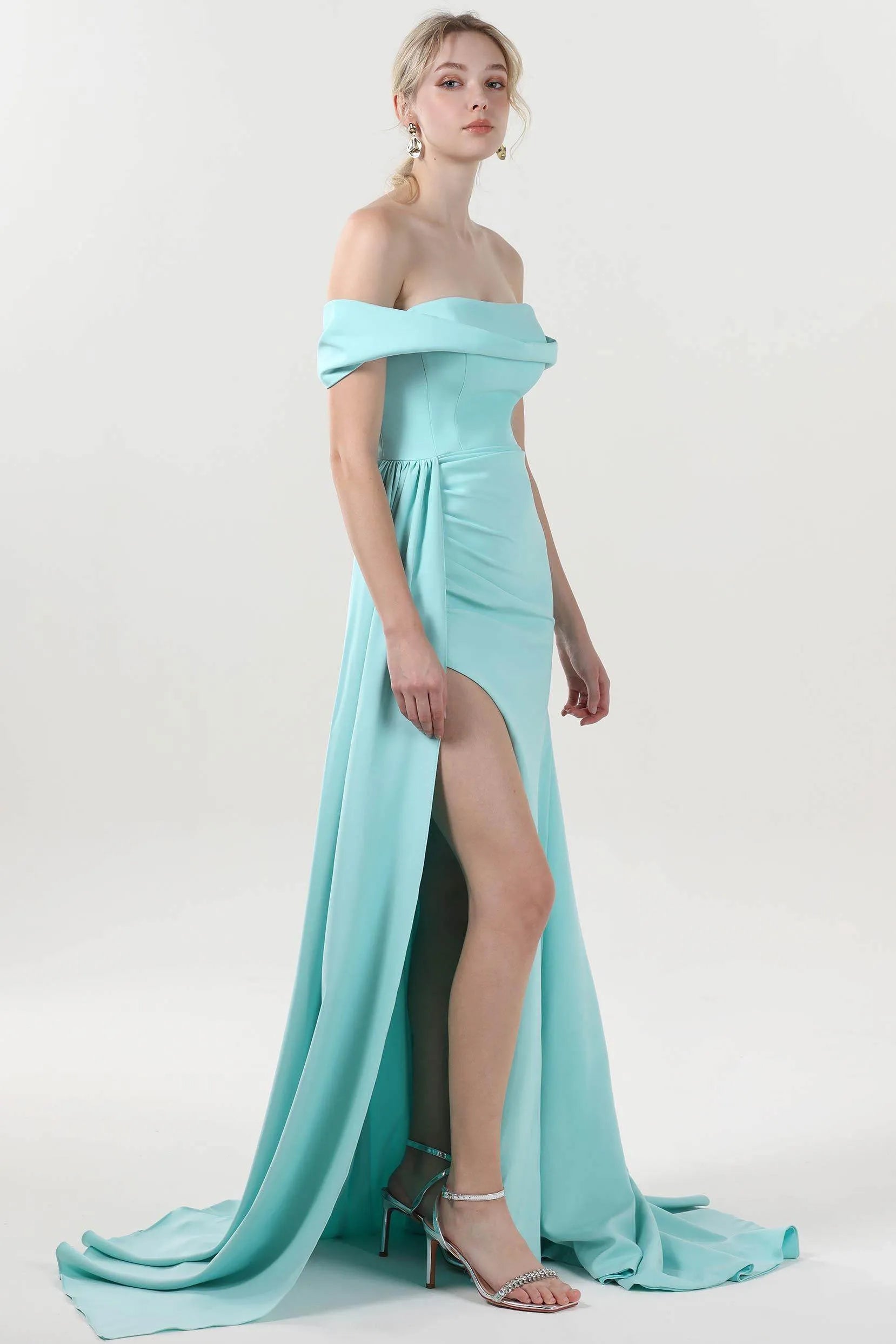 Elegant Tiffany Blue Sheath-Column Off-the-Shoulder Sleeveless Back Zip Floor-Length Slit Prom Dress with Draped Detail  ﻿
