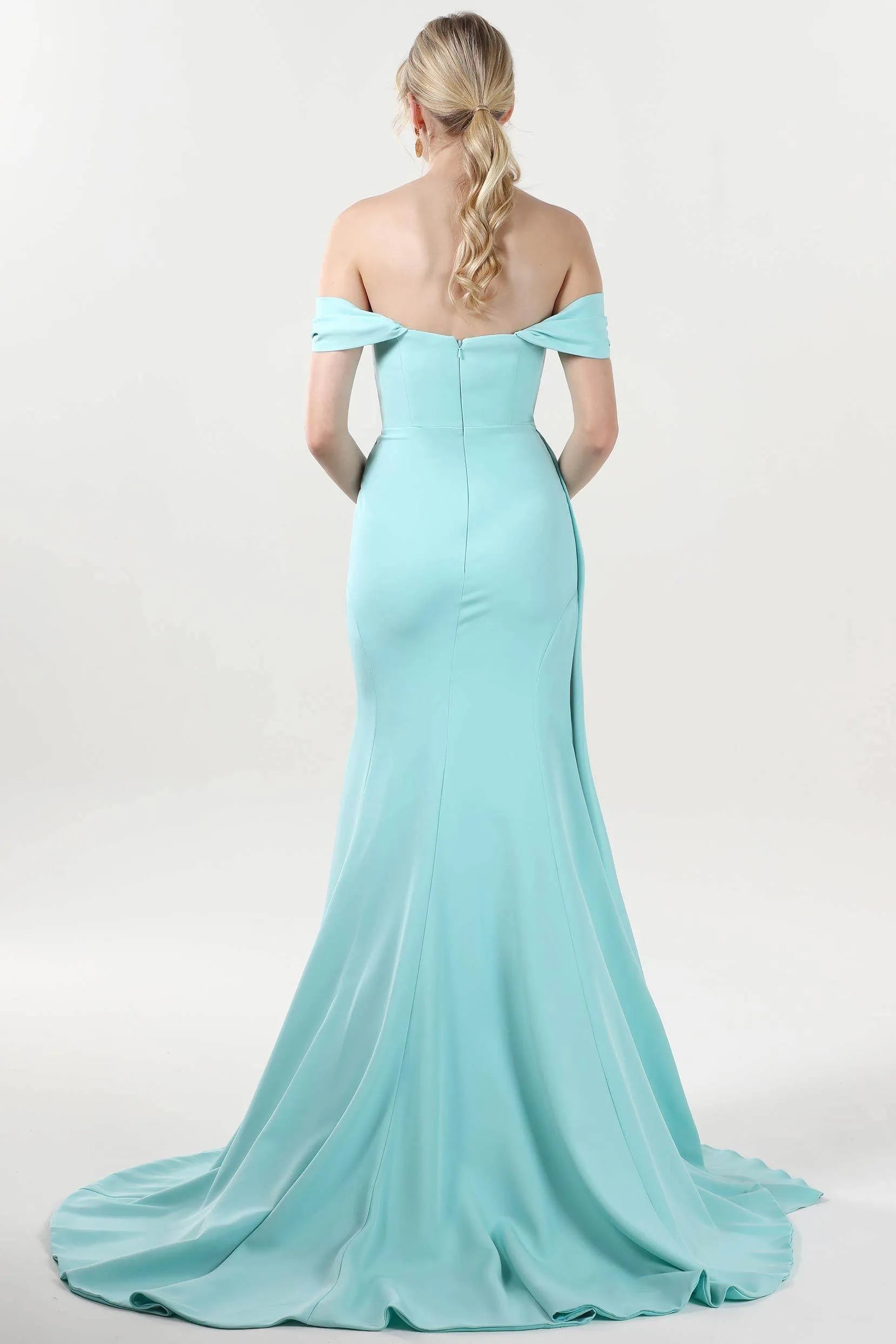 Elegant Tiffany Blue Sheath-Column Off-the-Shoulder Sleeveless Back Zip Floor-Length Slit Prom Dress with Draped Detail  ﻿