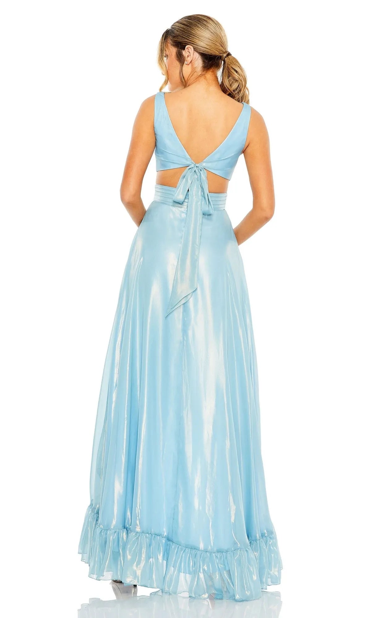 Elegant Sky-Blue Two Piece V-Neck Sleeveless Cutout Back Ruffled High-Low Prom Dresses hot sale
