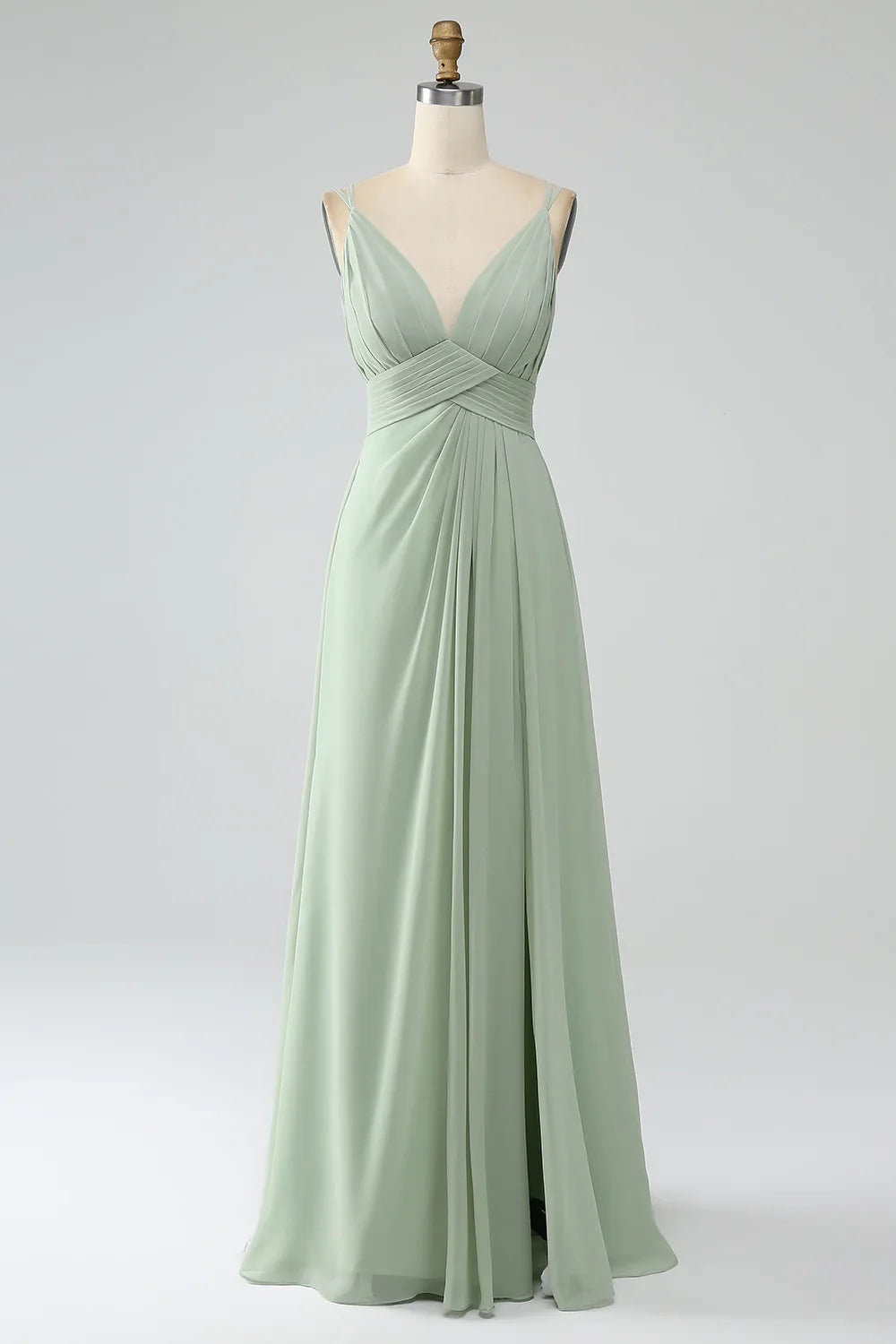 Elegant V-neck A-line slim shoulder strap pleated chiffon bridesmaid dress