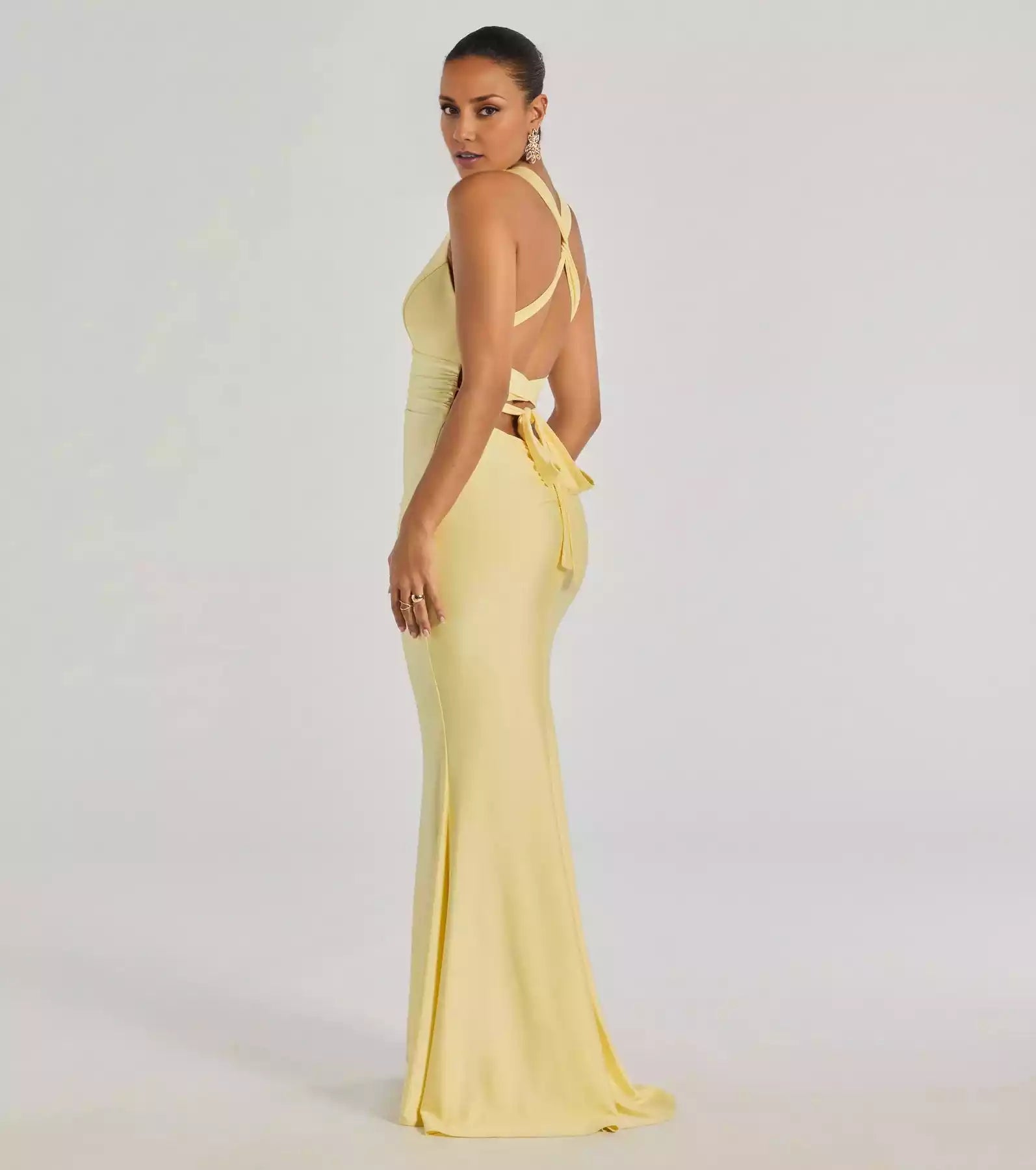 Elegant V-neck camisole shoulder strap with exposed back, cross straps, pleats, thigh side slits, Prom Dresses