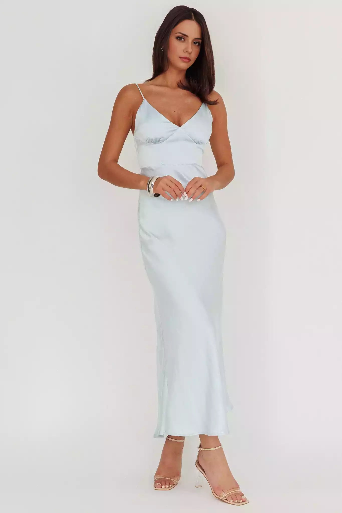 Elegant V-neck satin, extra long adjustable thin shoulder strap, invisible back zipper Bridesmaid Dresses