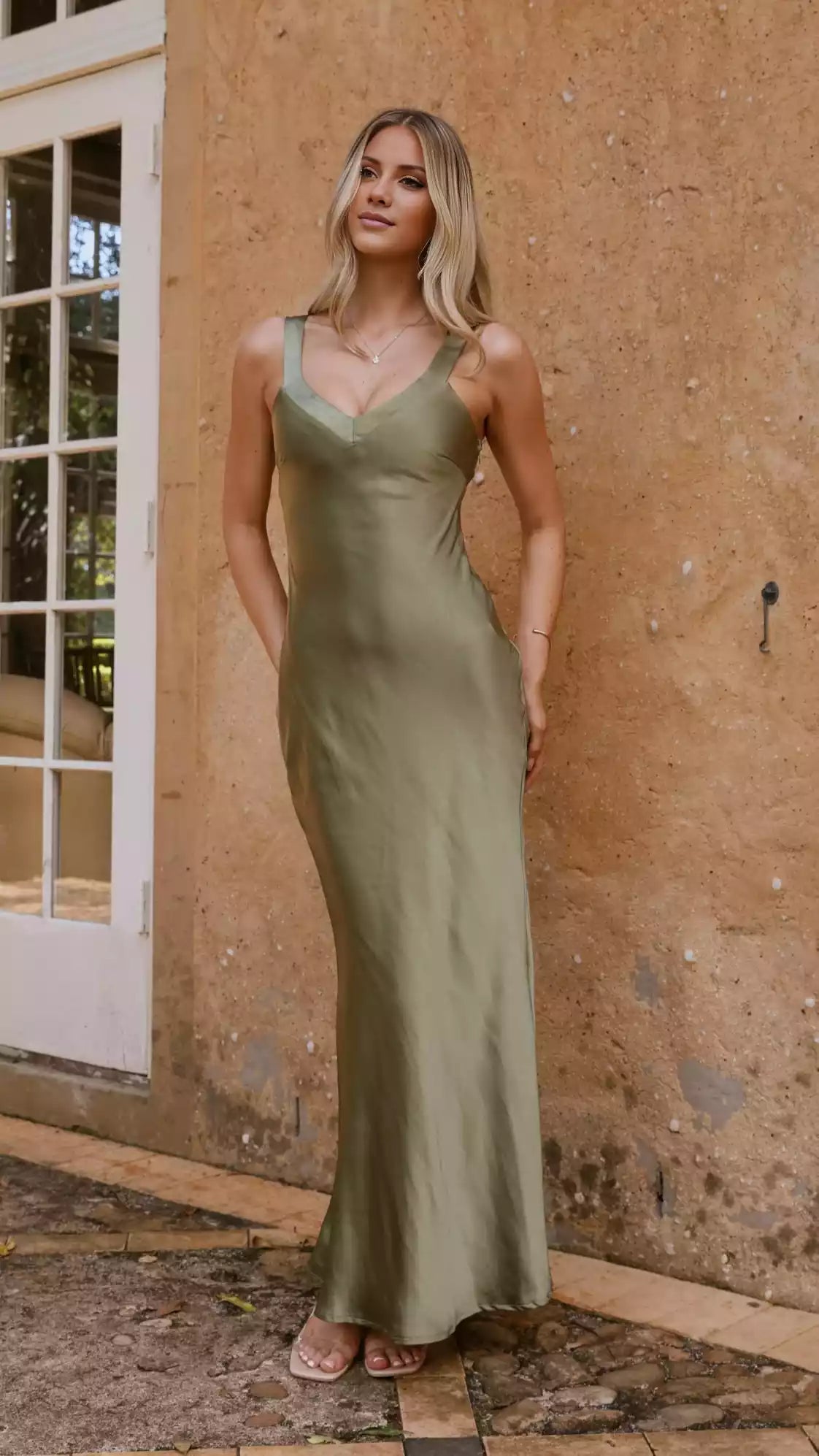Elegant V-neck wide shoulder strap, hidden side zipper, cross shaped detail, fully lined Prom Dresses