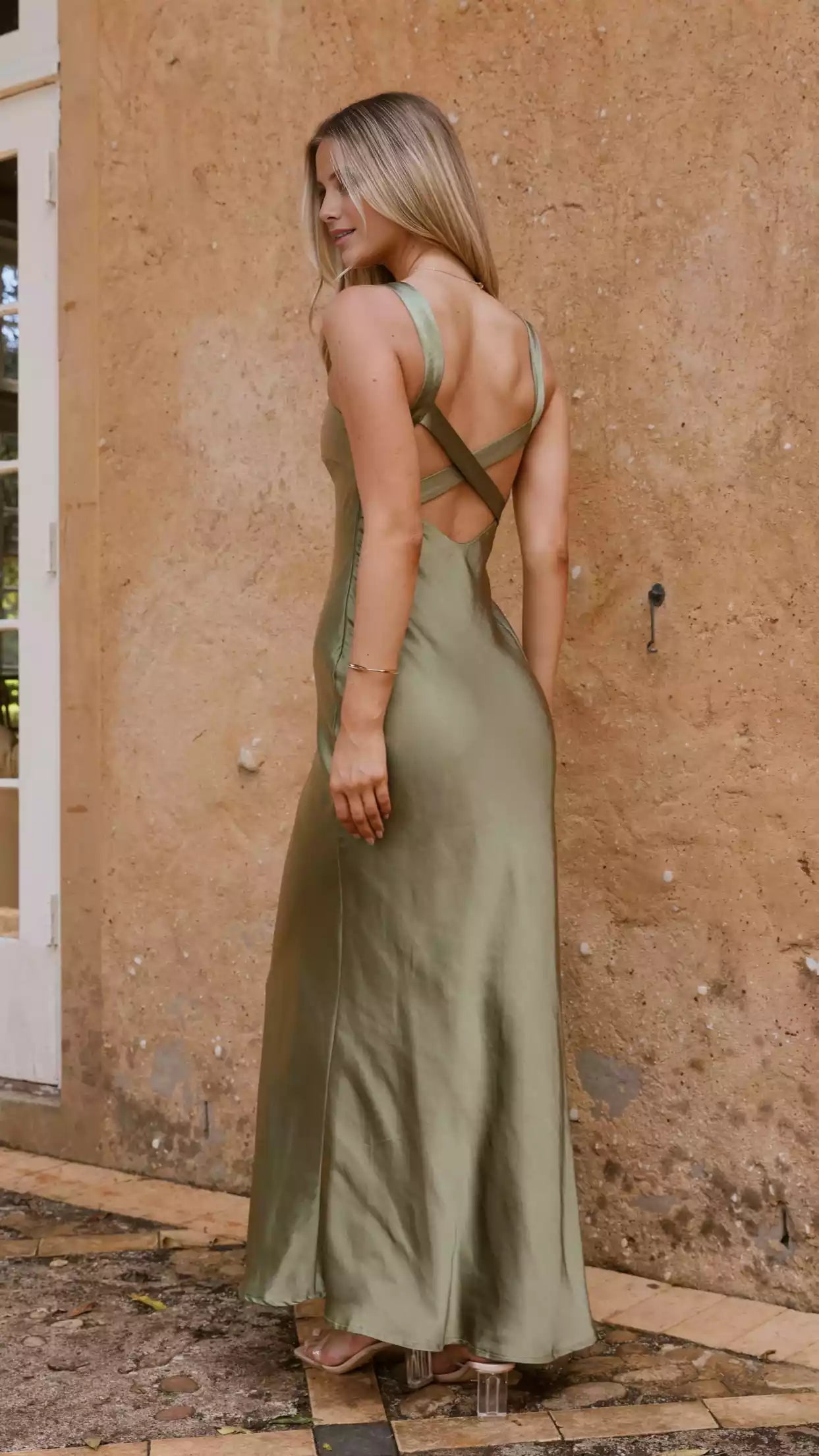 Elegant V-neck wide shoulder strap, hidden side zipper, cross shaped detail, fully lined Prom Dresses