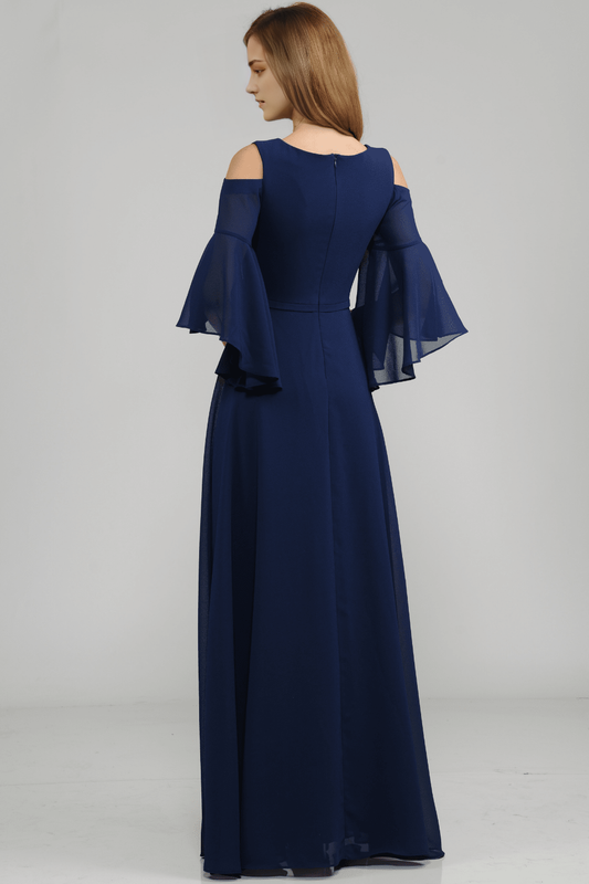Elegant V Neck bell sleeves Backless zipper cold shoulder Floor length prom dress for women hot sale
