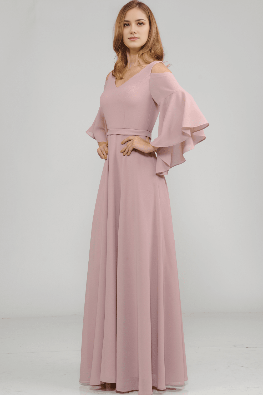 Elegant V Neck bell sleeves Backless zipper cold shoulder Floor length prom dress for women hot sale